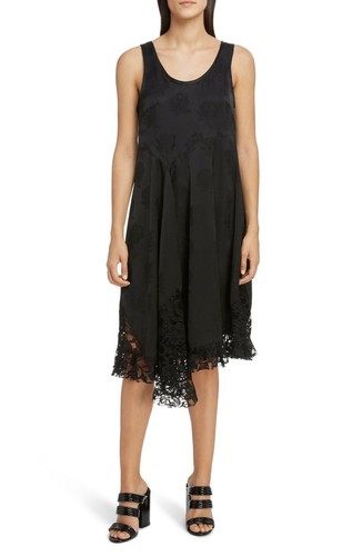 Abito a swing asimmetrico Kenzo nero jacquard rose con finiture floreali in pizzo 44 ~ 12 US