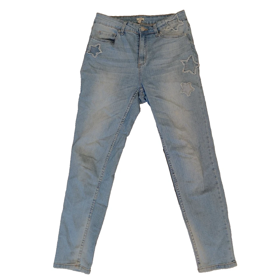 Pantalones de mezclilla ajustados elásticos Reba para mujer 8 tiro medio lavado claro estrellas desgastadas Foto 1 de 4