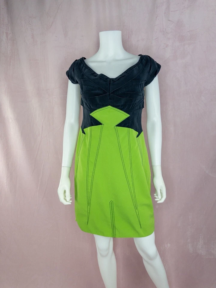 Zac Posen Womens 100% Silk Green Black Dress Size 10 Cap Sleeve Sheath Cocktail - Image 1 of 4