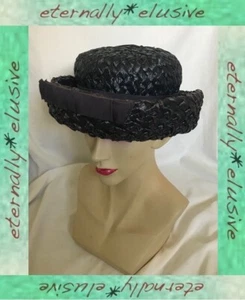 Vintage 1940s WW2 JAN DEC HAT Dark Navy Blue Purple Silky Raffia Women Ladie 20" - Picture 1 of 10