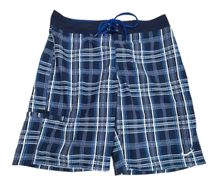 NIKE Board Shorts Men's Blue Check 1 Pocket Swoosh Logo Swim  Surf Size 32 - Picture 1 of 12