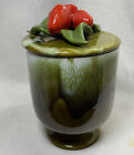 Vintage Green Ceramic Pedestal  Strawberries On Top Canister Made In The USA
