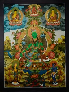 Pintura de pergamino Tara Thangka verde lienzo de algodón detallado dorado pintado a mano - Imagen 1 de 11