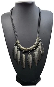 Native American Style Necklace Silver-tone Feathers Waxed Leather Cords 60cm - Picture 1 of 9