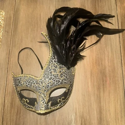 Gorgeous Black And Gold Masquerade  Mask - Venetian-  black feather - Image 1 of 3