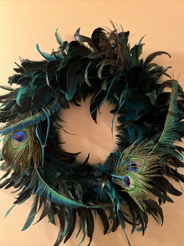 Feather Wreath Black Feather green Peacock Feather Accents 17" blue decor wall - Image 1 of 4