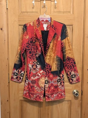 Chico's Printed Statement Jacket Sz 0 Small Blazer Black Red Art to Wear Asian - Image 1 of 4