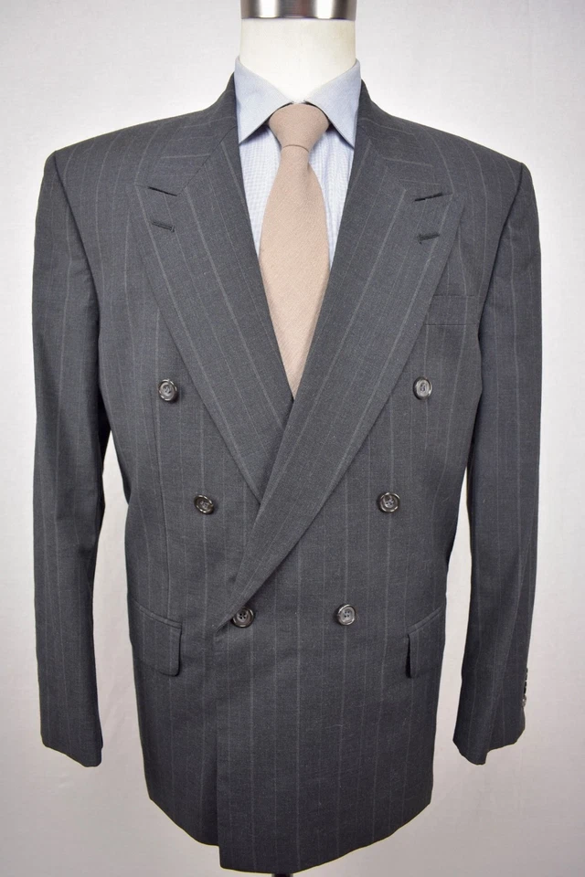 Oscar De La Renta 深灰色条纹羊毛双排扣两件套套装尺寸:43R — 第 1/4 张图片