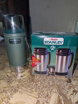 Stanley Large Thermos Green Top Stainless Steel Discontinued + 2 Travel Mugs - Image 1 of 4