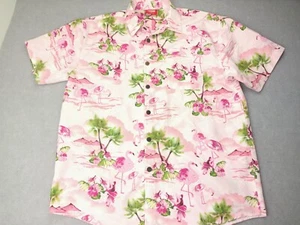 Lowes Hawaiian Shirt Men's Size L Short Sleeve Polyester Blue Pink Flamingo - Picture 1 of 8