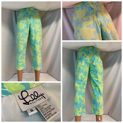 Calça Capri Lilly Pulitzer tamanho 6 verde azul estampa de tartaruga forrada 24” YGI L1-551 - Imagem 1 de 4