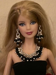 Handmade Jewelry for Barbie & FR - Black & Silver Beads Necklace and Earrings - Picture 1 of 3