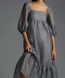 Anthropologie Dress Gray Metallic Textured Puff-Sleeve Babydoll Midi NWT Size M - Picture 1 of 10