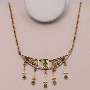 Antique Victorian Edwardian Peridot Green Paste Gold Filled Filigree Necklace - Picture 1 of 8