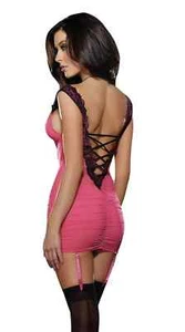CAMISA ROSA CALIENTE Mini Vestido con Cordones Espalda ENCAJE Recorte LIGAS Grande - Imagen 1 de 2