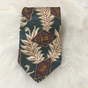 BOSS HUGO BOSS Mens 100% Silk Green, Cream Beige Purple Leaf Geometric 56.5" - Picture 1 of 5