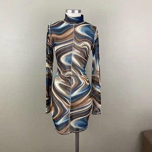 Vtg 90s Y2k Mesh Dress S M Bodycon Swirl Sheer Mock Neck Stretch Blue Brown - Picture 1 of 10