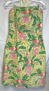 Lilly Pulitzer Strapless Yellow Pink Elephant Turtle Monkey Scalloped Dress 12 - Picture 1 of 10