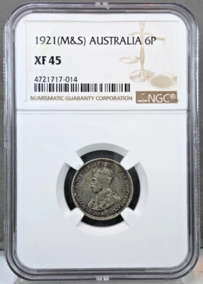 1921 (M & S) AUSTRALIA George V Sixpence Silver Coin NGC XF45 KM-25 6 Pence - Image 1 of 4