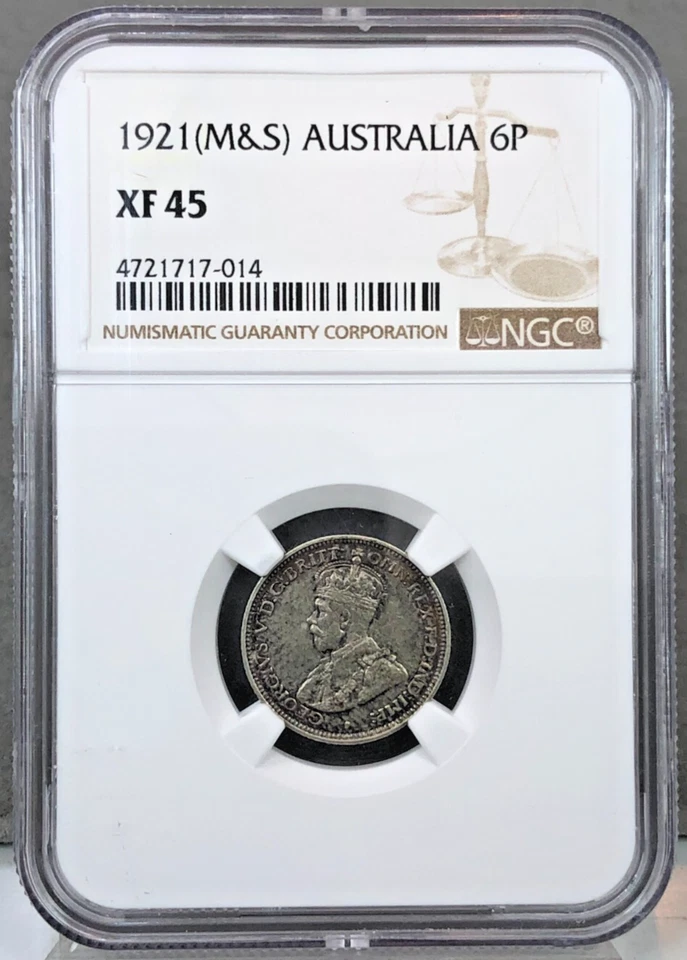 1921 (M & S) AUSTRALIA George V Sixpence Silver Coin NGC XF45 KM-25 6 Pence - Image 1 of 4
