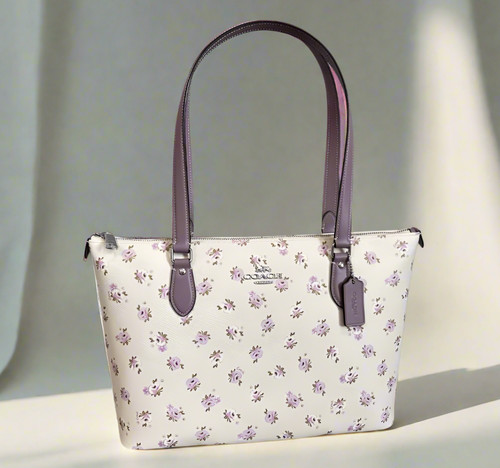 Coach Borsa Galleria Floreale Grande Bianca Firmata Tela CAL59 Borsa Lilla ORIGPKG