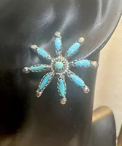 Vtg Zuni Needlepoint 925 Sterling Silver Turquoise Flower Earrings 1 Inch - Picture 1 of 7