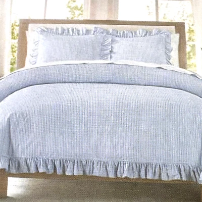 3 件套 Brooks Brothers 蓝色白色条纹荷叶边国王被芯绒套装 100% 棉 全新 — 第 1/4 张图片