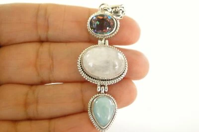 Colgante de plata de ley 925 de 3 piedras con piedra lunar arco iris Larimar de topacio místico Foto 1 de 4
