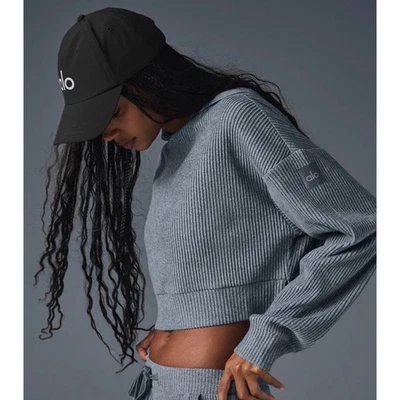 Alo Muse Yoga Ribbed Cropped Hoodie Long Sleeve Pullover Women's Sz S Blue Grey - Image 1 of 4