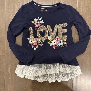 Tommy Bahama Shirt Girls XS 4 Navy Blue Love Sequin Floral Lace Long Sleeve Top - Picture 1 of 8