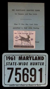 1961 Maryland Big Game Hunting Stamp  on License with Back Tag - Picture 1 of 2