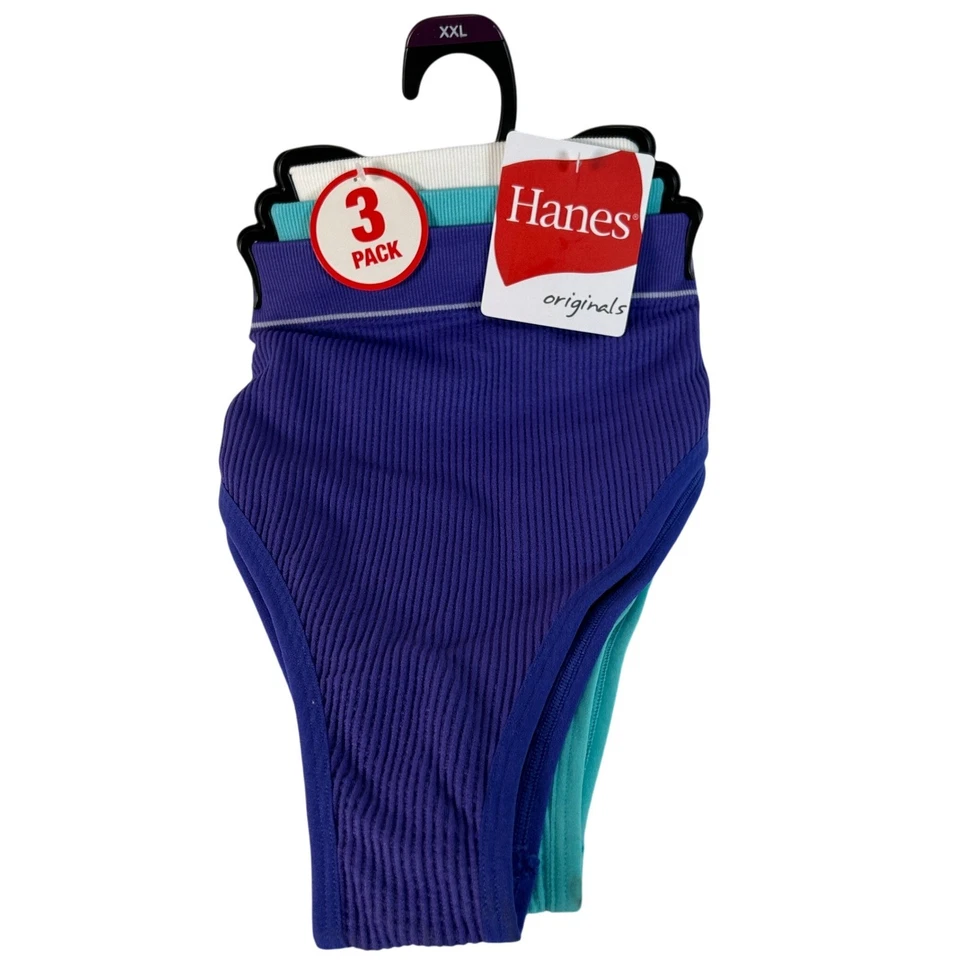 3 Pairs Hanes Originals Womens Briefs Underwear XXL Purple Teal White Ribbed - Image 1 of 4