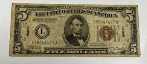 1934-A $5 Brown Seal WWII Hawaii Note - L56044427A  - Circulated Scarce Note - Picture 1 of 6