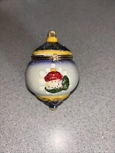 Vintage Limoges Trinket Box Christmas Ornament Snowman Stars Trees Hinged Case - Picture 1 of 5
