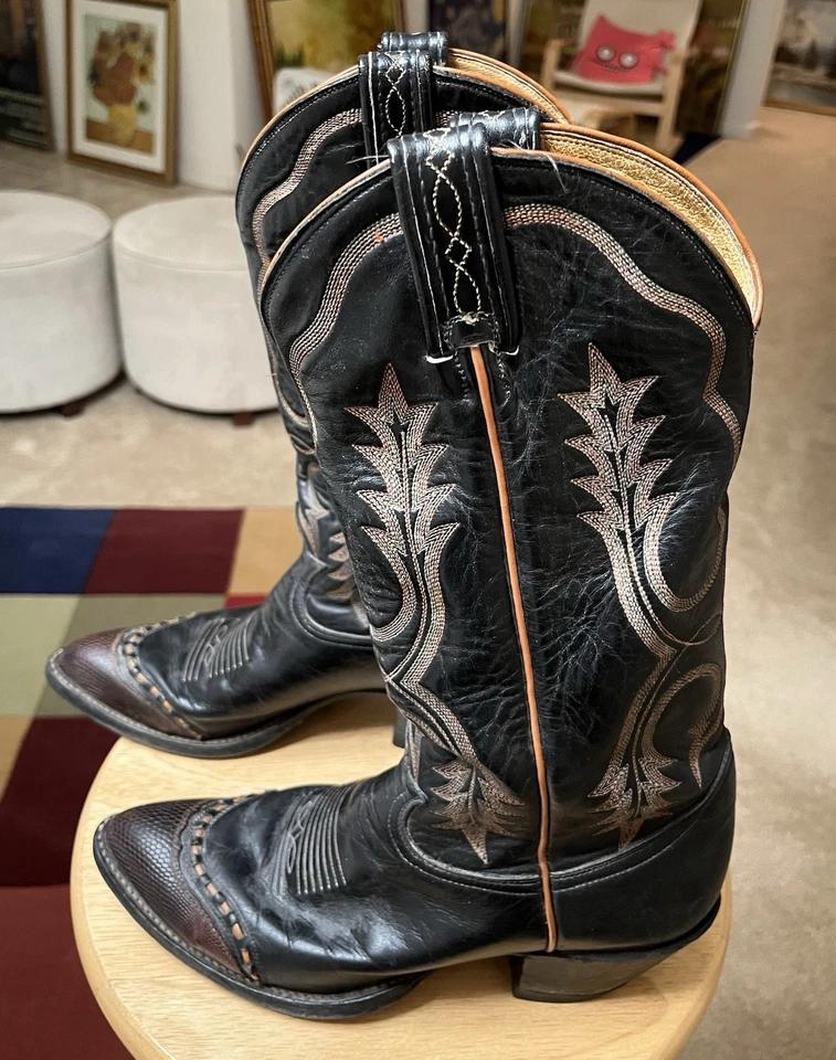 Botas ocidentais femininas Tony Lama 2830 marrom/preto EUA couro pele de réptil US7B - Imagem 1 de 4