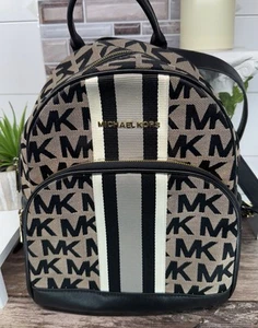 Michael Kors ABBEY Med Backpack Bag Gold Logo Beige Canvas Black Leather Purse - Picture 1 of 13