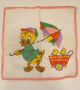 Vintage Cartoon Duck Handkerchief Umbrella & Cart Hanky 1990 Pink Border 9" - Picture 1 of 3
