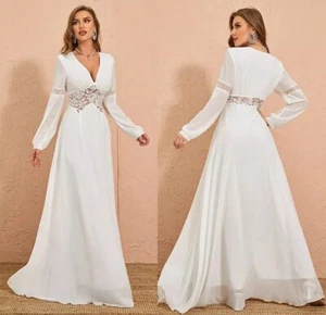Lace Wedding Dresses Long Sleeves V Neck A Line Flower Applique Ruffles Custom - Picture 1 of 14
