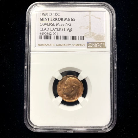1969 D Roosevelt Dime Missing Obverse Clad Layer Mint Error NGC MS65 US Rare Cover