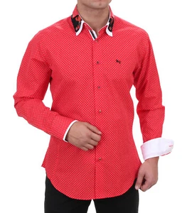 Camicia triplo collo slim fit a pois fine in elegante rosso. - Foto 1 di 6