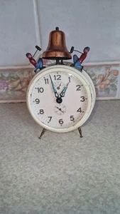 VINTAGE NOVELTY FORESTVILLE MECHANICAL ALARM CLOCK / MEN HAMMERING BELL CLOCK - Picture 1 of 8