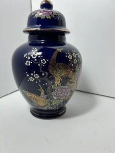Vintage Ginger Jar Peacocks Cherry Blossoms Blue - Picture 1 of 13