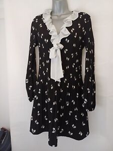 Maje Dress Bow Print Black Short size 38 Pleated Fit and Flare