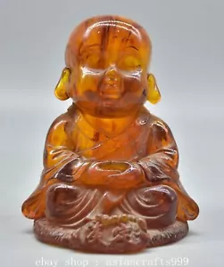 5.6" Old Chinese Amber Carved Tongzi Buddhist monk “淡定” Statue Sculpture - Bild 1 von 9