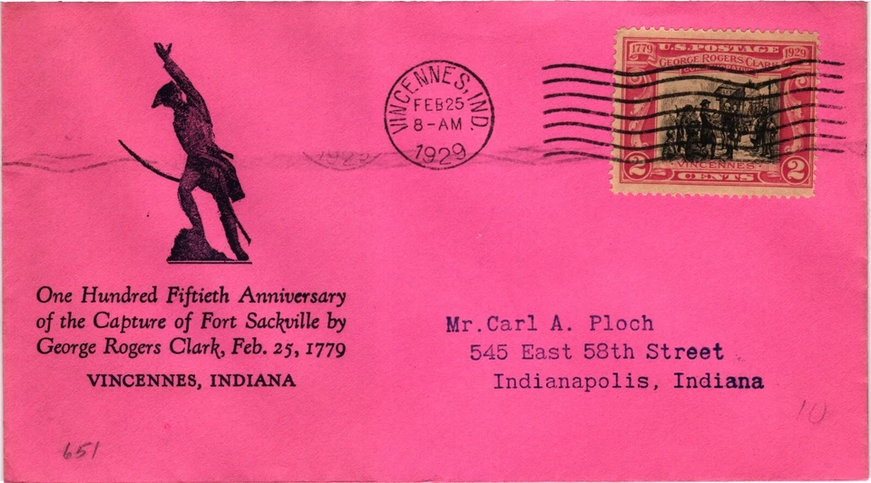 #651 2 Cents Vincennes 1st FIRS Floyd Shockley FDC Planty #651-10B PINK ENVELOPE - Image 1 of 1
