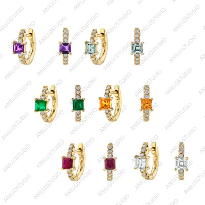 Mini aretes tipo argolla de diamantes amatista y esmeralda talla princesa natural de 3x3 mm de oro de 14 k Foto 1 de 4