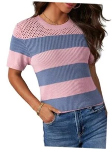 Womens Summer Tops Casual Short Sleeve Crewneck Striped Color XX-Large Pink - Picture 1 of 7