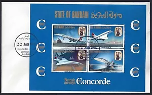 BAHRAIN 1976 CONCORDE SOUVENIR SHEET W/FIRST DAY OF ISSUE CANCEL INAUGURAL FLIGH - Picture 1 of 1