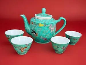 Tetera vintage turquesa Zhongguo Jingdezhen con 4 tazas mariposas - Imagen 1 de 20