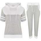 Donna Contrasto 2PC Manica Corta Felpa con Cappuccio 3/4 da Corsa Riposo Tuta